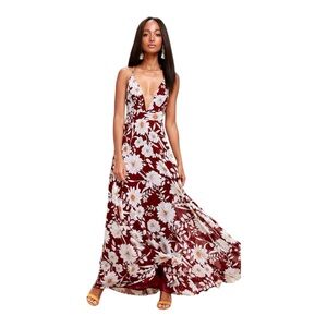 Lulus Magic Blooms Burgundy Floral Backless Maxi Dress Medium Plunging V Neck